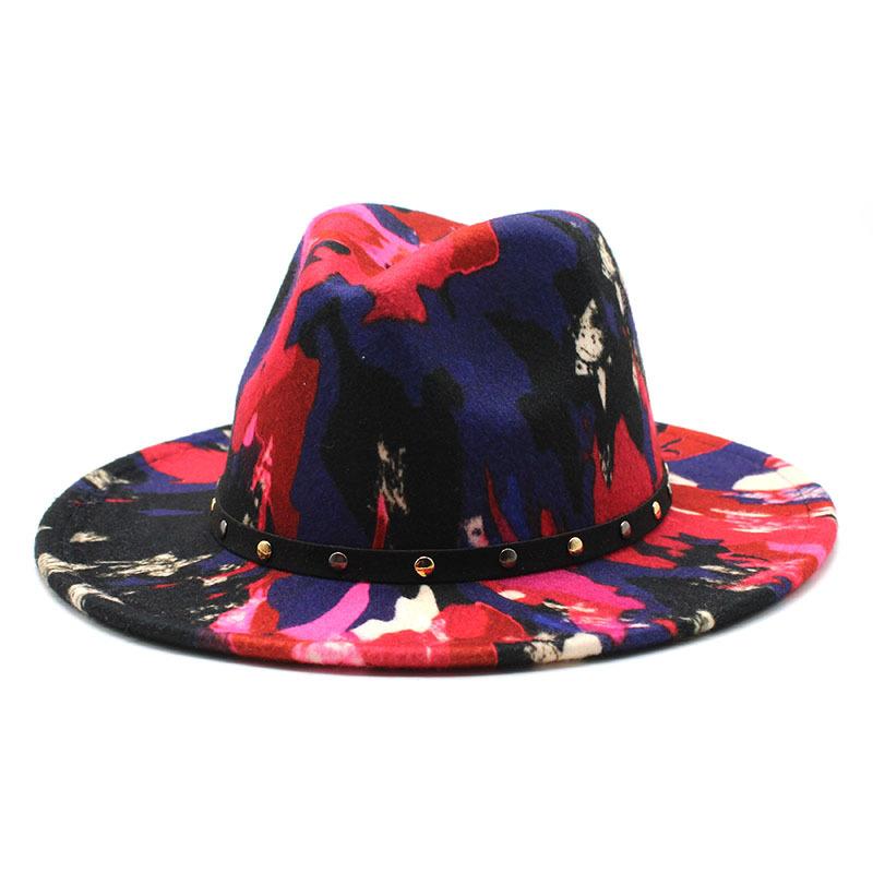 2021 Graffiti Print Big Brim Woolen Felt Hat Men'S And Women'S Top Hats Jazz Hat Felt Hat