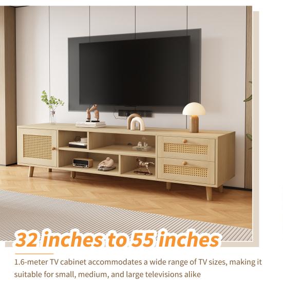 TV Cabinet Premium 160cm Wood-Colored Rattan for 70-Inch TV-Cable Management 2 Drawers Entertainment Center 1 Door Cabinet Base Living Room