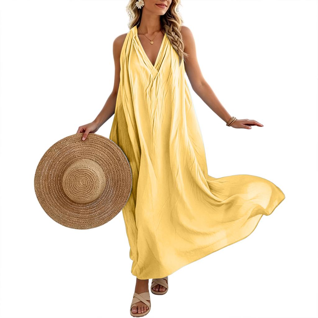 Women Sleeveless Loose Fit Maxi Dress with Pockets Elegant V Neck Solid Casual Long Dress for Summer Beach Holiday