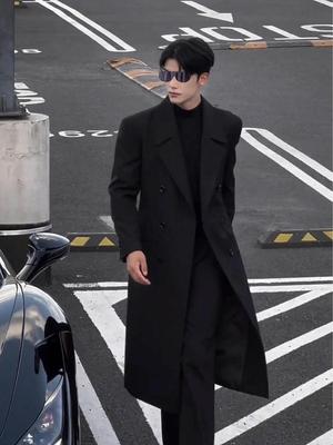 French-Inspired Men's Double-Breasted Trench Coat - Autumn/Winter, Mature Korean Trend, Drop Shoulder Woolen Style