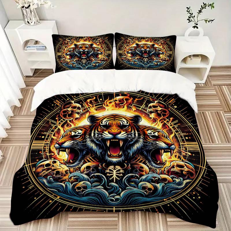 3pcs Flaming Tiger Amidst Waves Pattern Bedding Set, 1* Cover + 2*Pillowcases, Bedding Set, Soft and Comfortable, Bedroom and Guest Room Use