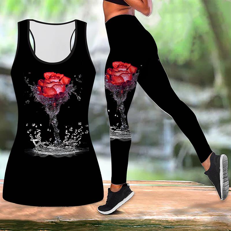 Yoga-Outfit mit Rose-on-the-Water-Print für Damen, modische Workout-Leggings, Fitness, Sport, lässige Yogahose