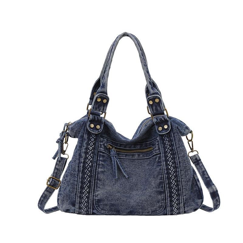 Vintage Denim Handbag with Braided Details Large Capacity Shoulder Crossbody Bag for Women