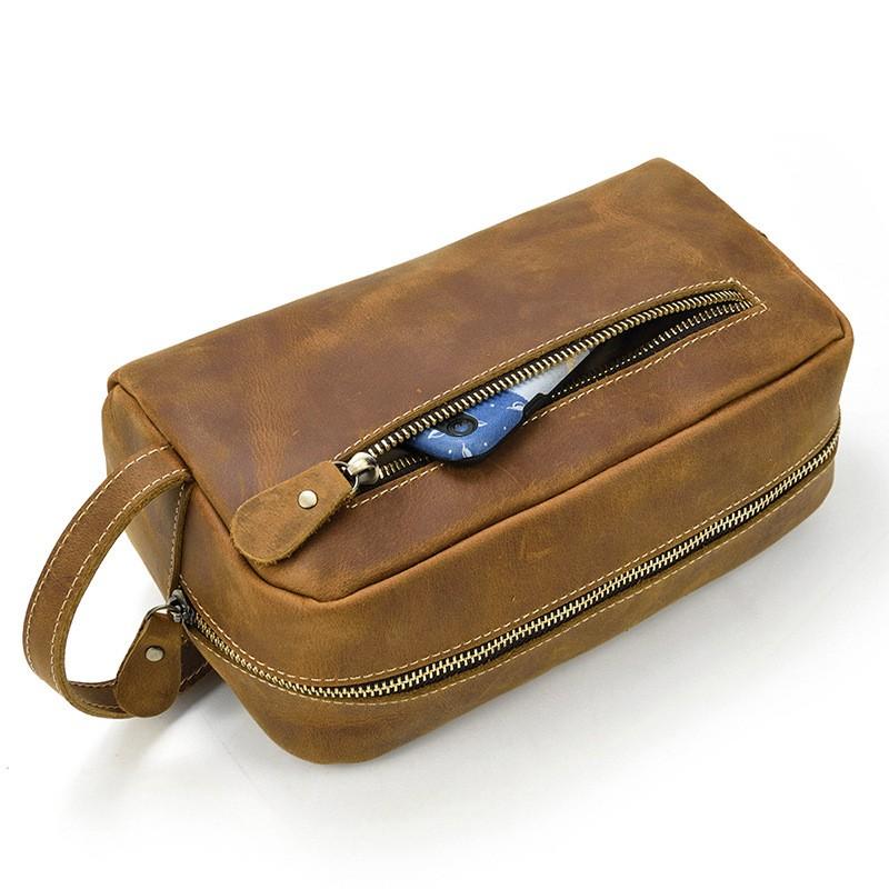 Vintage Full-Grain Leather Toiletry Bag With Zip Multi-Compartment Cosmetic Organizer Travel Daily Use