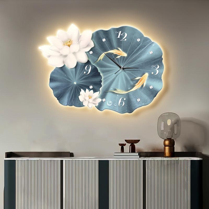 Modern Light Luxury Home Decor with Clock Decorative Painting with LED Light Nine Fishes and Lotus Flower Wall Clock Mural