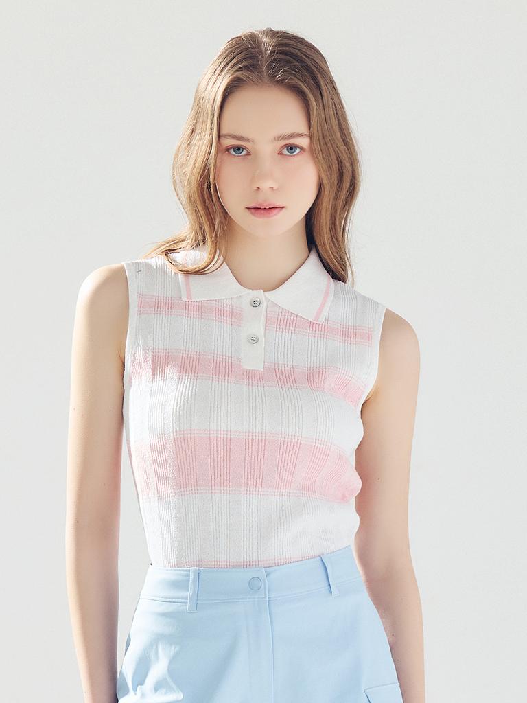 LORDLOAR Striped Collared Sleeveless Knit Pink