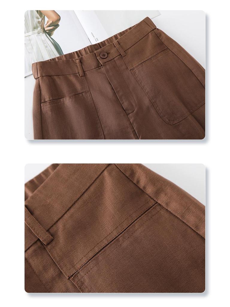 Women's Wide-Leg Brown Cotton Linen Pants - Summer 2025 Collection: Thin, Loose, Casual, Straight-Leg Trousers for Petite Sizes