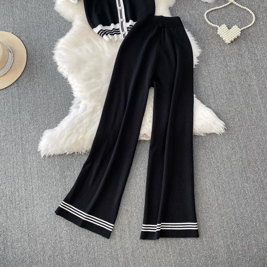 Summer Women Knitted Sweater Suit Short Sleeve Single Breasted Cardigan Top and Ankle Length Pant Two Piece Set For College Girl