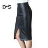 Women Skirt High Waist Sheath Slim Fit Skinny Faux Leather Split Hem Knee Length Solid Color Smooth Zipper Closure OL Commute Lady Midi Skirt