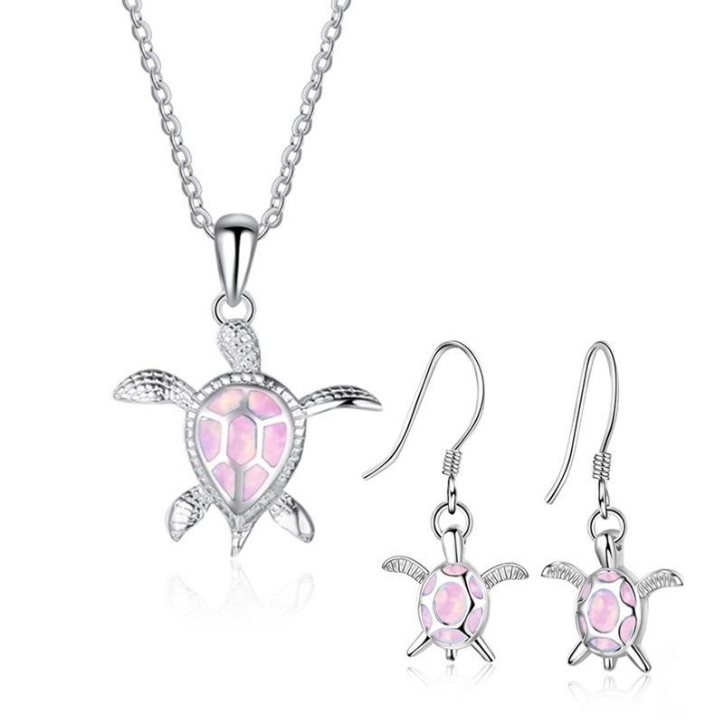 Fashion Cute Animal Jewelry Set For Women Imitation Blue Fire Opal Pendant Necklace Earrings Set Turtle Wedding Band розовый