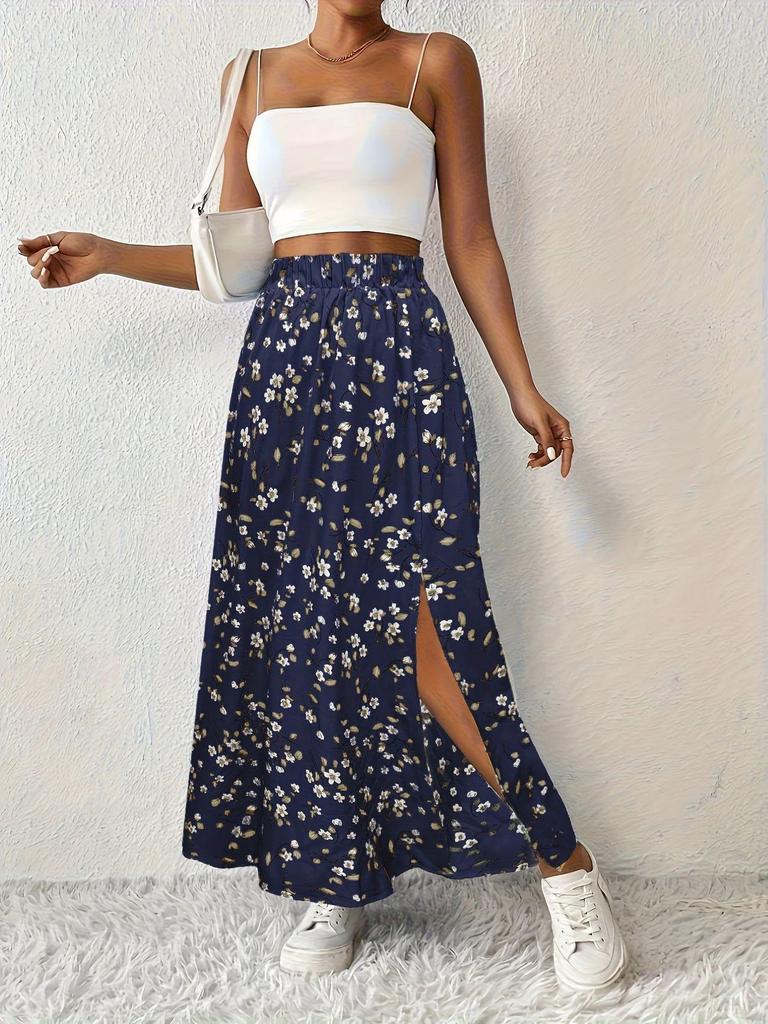 European & American Holiday Floral Print Midi Skirt with Slit