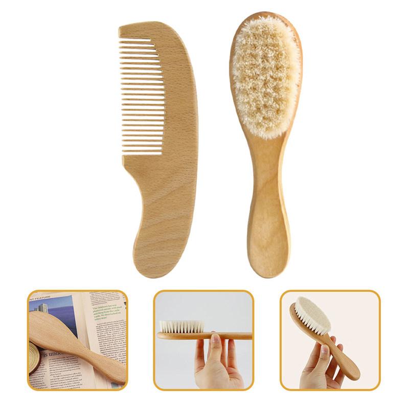 1Set Brush and Wooden Comb Set for Newborns Natural Hair Care Detangling Scalp Stimulation Gentle Shower