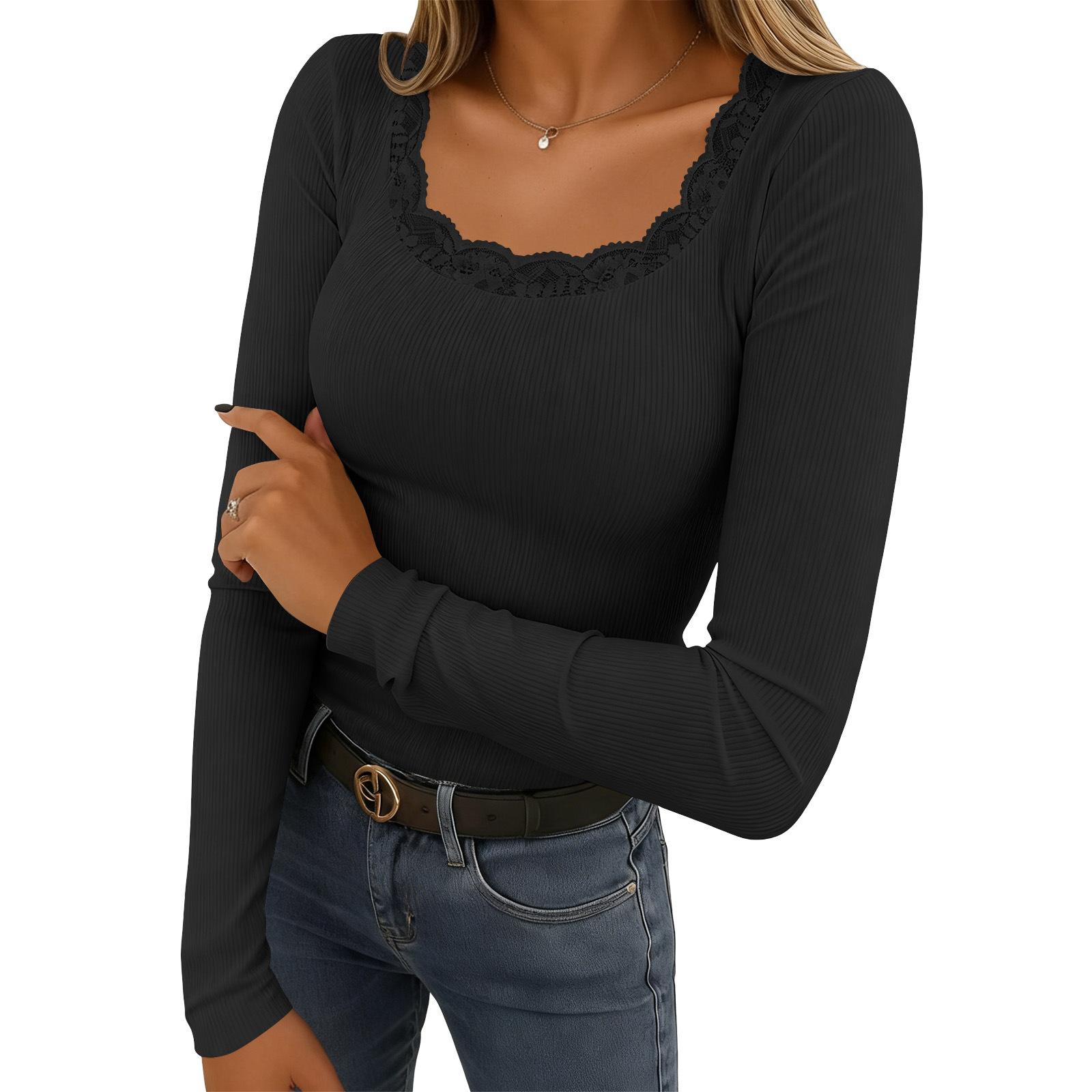 Women s Casual Color Lace Stitching Square Collar Long Sleeve Top L чёрный
