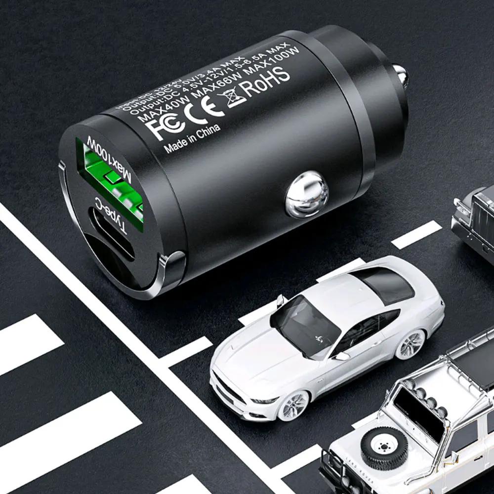 1Pc Mini 100W USB Car Charger Type C QC3.0 PD Car Chargers Fast Charging Car Phone Charger For Iphone Samsung Huawei Xiaomi