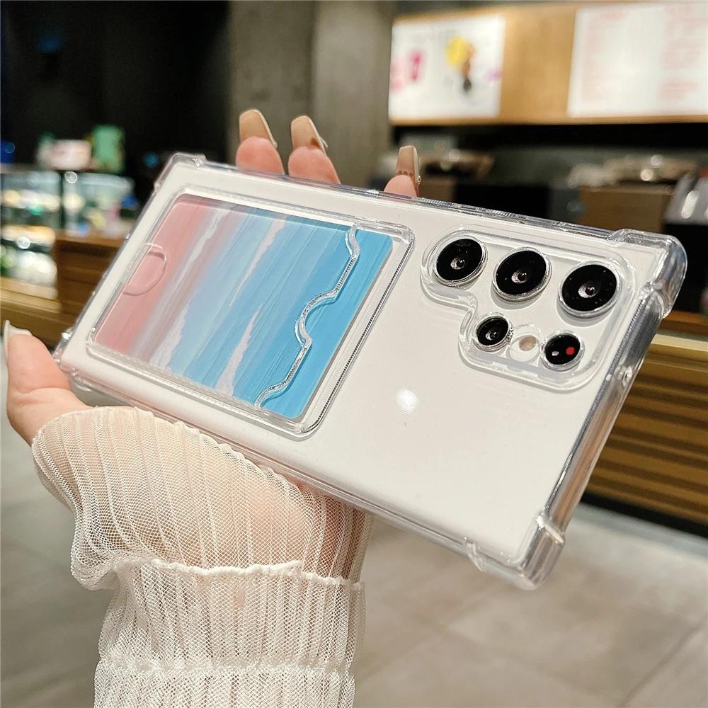 Thick Shockproof Card Bag Wallet Clear Phone Case For Samsung S24 Ultra S21 S22 S23 Fe S 24 Plus 5G Soft Corners Cover Cases