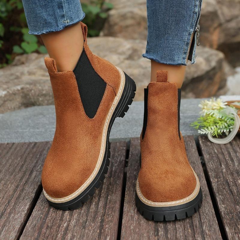 Women's Platform Suede Martin Boots, Round Toe Chunky Heel Ankle Booties, Elastic Gaiter Wide Width Available Slip-On Boots