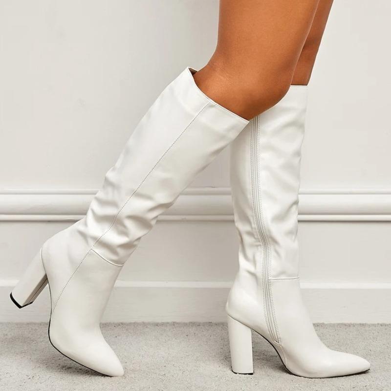 Women's Mid-Calf Boots Fashion Knee-High Boots Elegant Street Style Pointed Toe Women Shoes Chunky High Heel Zipper Long Booties