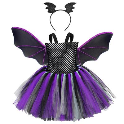 Kids Purple Bat Cosplay Dress Set, Tulle Puffy Gown with Wings Headband Halloween Outfit