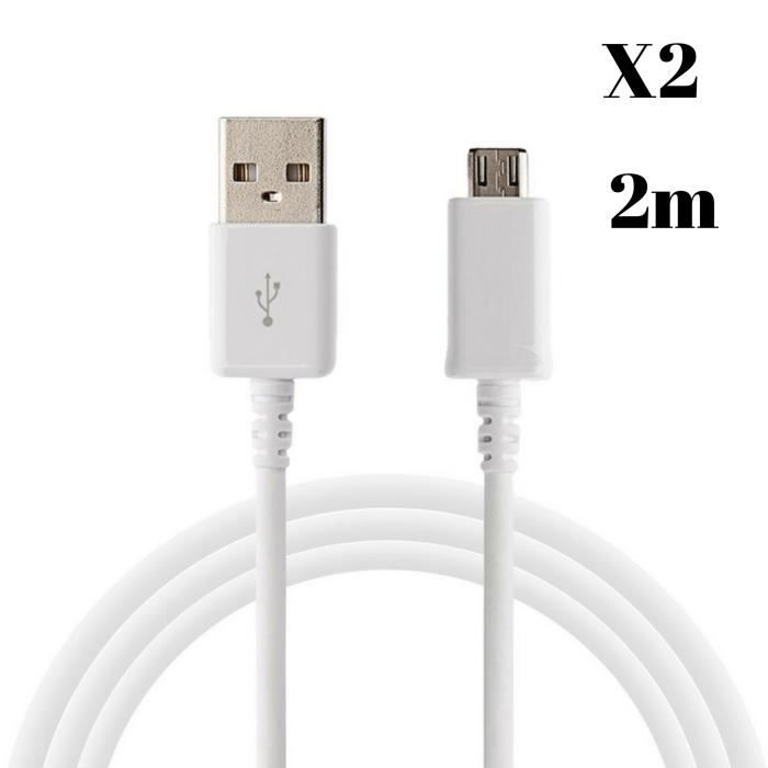 Cable for Huawei Y7P - Y6P - Y5P - P40 Lite E - P Smart 2020 - P Smart 2019 - White Micro Usb Cable 2 Meters [LOT 2] Phonillico®