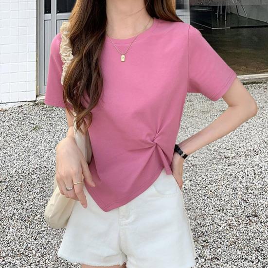 Frauen T-shirt Unregelmäßigen Saum Einfarbig Knoten Dekor Rundhals