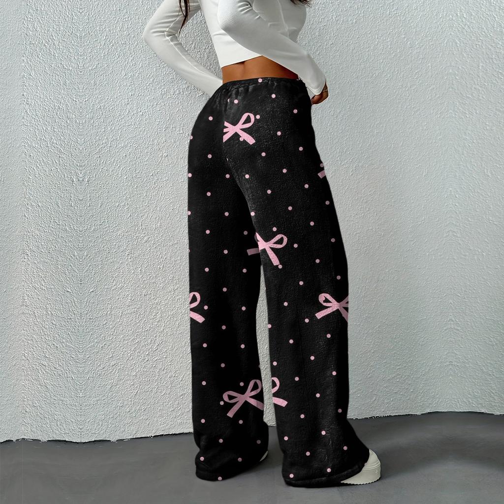 Women's Casual Fashion Printed Elastic Waist Loose Straight Leg Pants With Rope