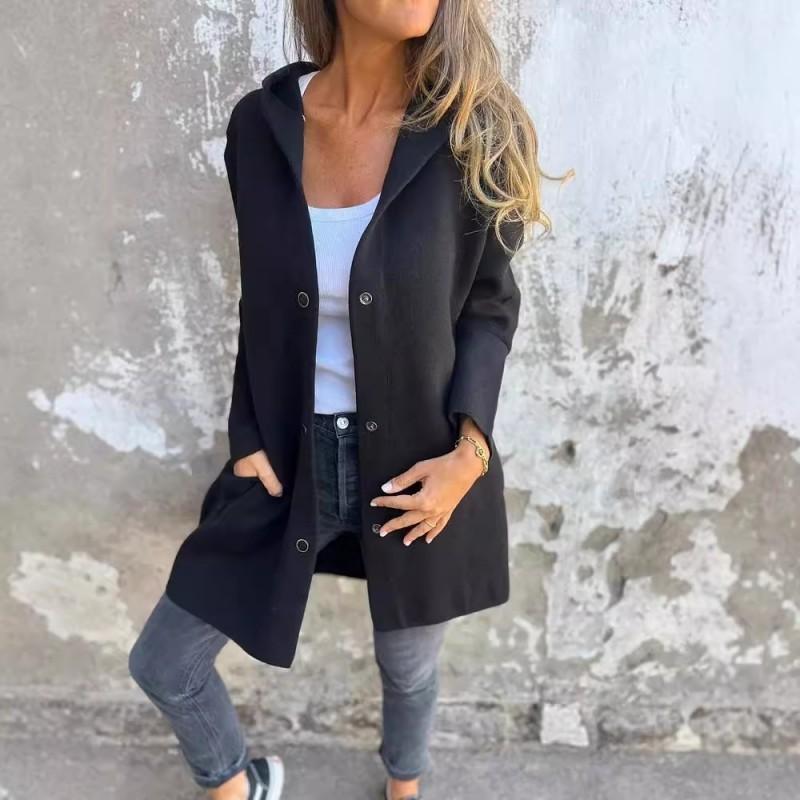 Womens Solid Color Hooded Single-Breasted Casual Jacket Winter Medium Weight Long Coat