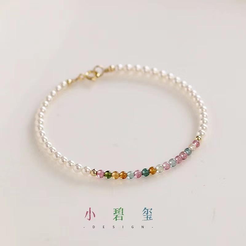 

Fine natural tourmaline bracelet for women, with pearls, summer design, niche style, gift for best friends