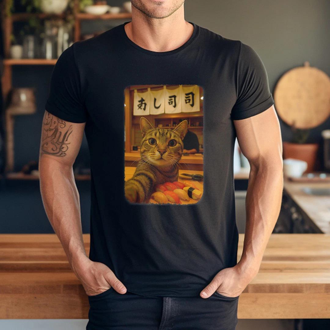 Funny Cat Sushi Selfie Japanese Restaurant T-Shirt 2XL