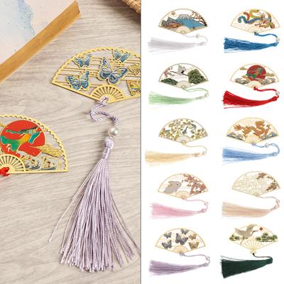 Retro Chinese Style Flower Metal Tassel Brass Bookmark Folding Fan Shape Book Clip Pagination Mark