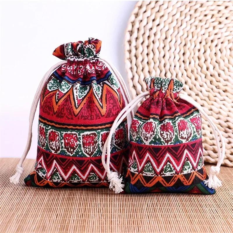 1pcs Antique Linen Cloth Drawstring Brocade Bag with Striped Pattern, Perfect for Jewelry and Stationery Storage