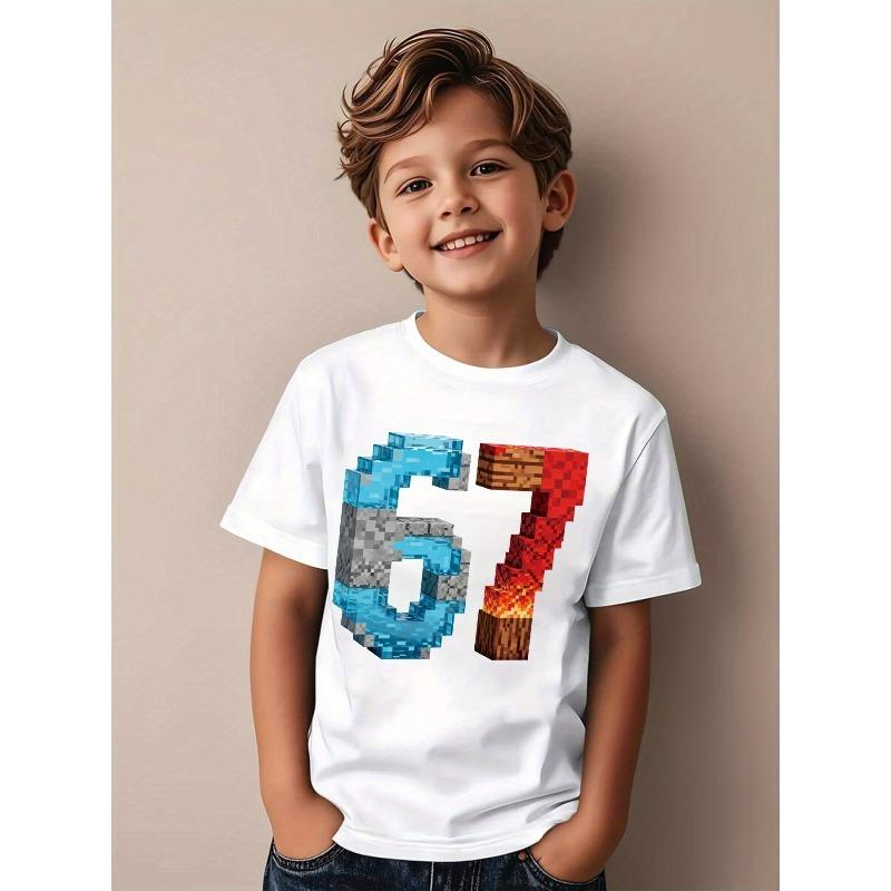 European sizes T-Shirt Featuring The Number 67, Stylish Short-Sleeve Shirt for Boys, with a Pixelated 67 Design.for Boys 110 белый