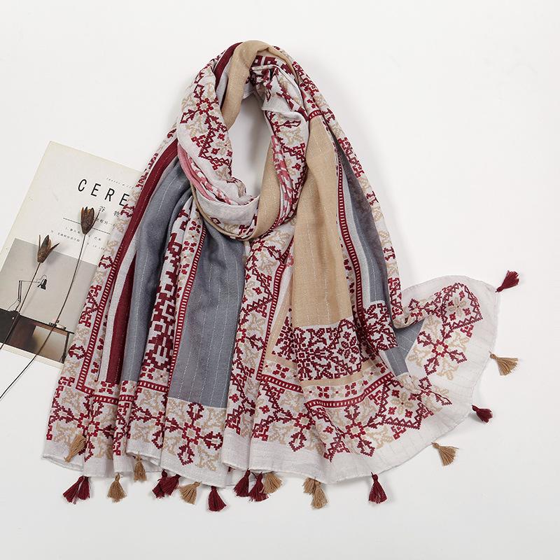Retro Mori Girl Japanischer Literarischer Baumwolle Leinen Quasten Schal - Vielseitiger Sonnenschutzschal mit Druck Patchwork