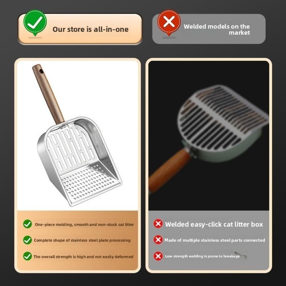 Durable Wooden Handle Cat Litter Scoop Stainless Steel Waste Removal Pet Waste Shovel Easy Clean Litter Box Scoop