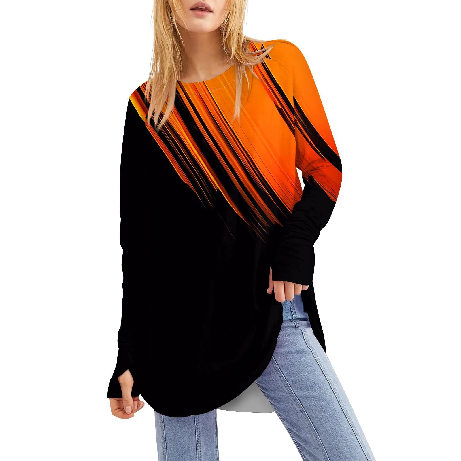 

Женская свободная футболка с круглым вырезом и принтом градиента, средней длины и длинными рукавами, топ с дырявым большим пальцем XXL чёрный