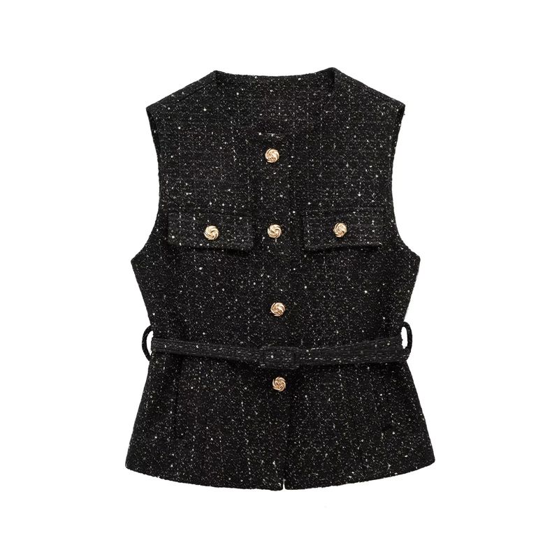 Autumn and Winter New Fashion Slim fit round Neck Sleeveless With Belt Beads Decoration Breasted Texture Vest 9298725
