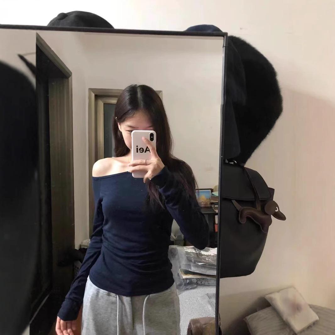 

Футболка с открытыми плечами и длинными рукавами для похудения на следующий день с асимметричным дизайном XXL темно-синий