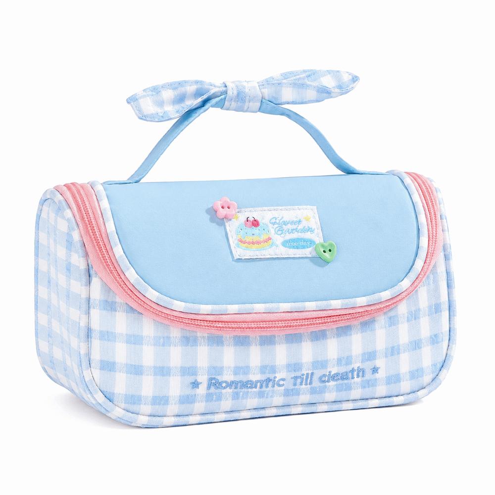 Gingham Print Stationery Bag Bow Handle Pencil Pouch Multi-Functional Pencil Case  Students