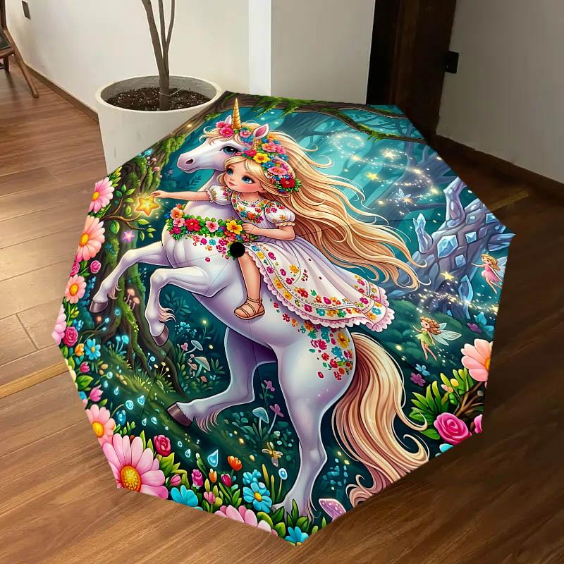 1PC Unicorn Fairy Umbrella-8-Rib Reinforced, Automatic Open, Lightweight & Durable, Fashion Accessory for Outdoor, J0394