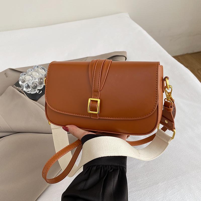 Solid Color Women's Shoulder Bag Wide Strap Handbag Brand Samll Crossbody Bag PU Leather Envelope Bag Lady Satchel Flap Handbags