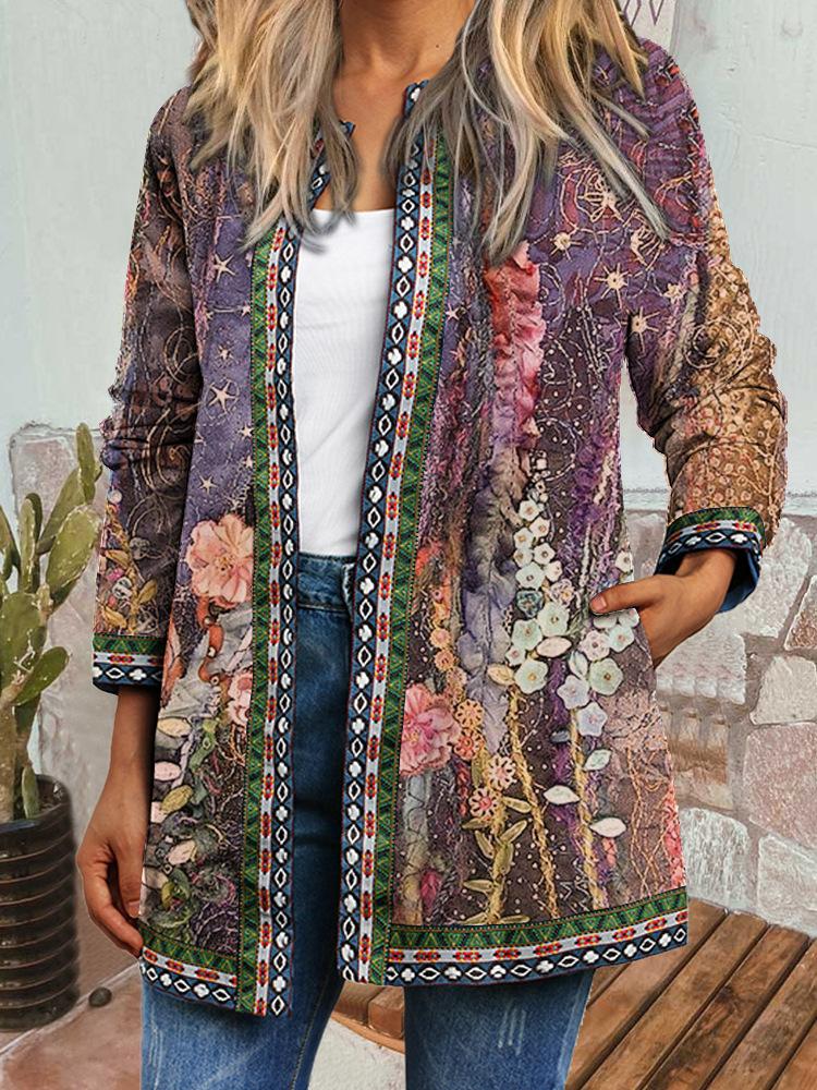 Women's Crew Neck Long Sleeve Cardigan Oversized Vintage Ethnic Print Plus Size Open Front Jacket Casual Outerwear