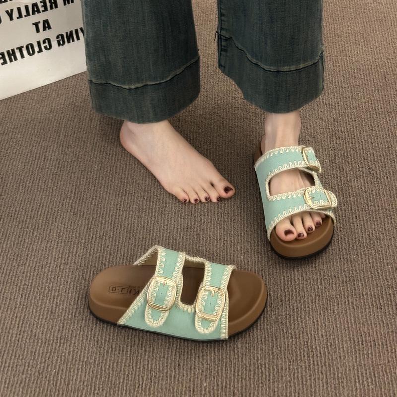 Cool Slippers Women's Summer Outer Wear 2025 New Retro Casual Round Head Belt Buckle Hollow Muffin Thick-soled Slippers