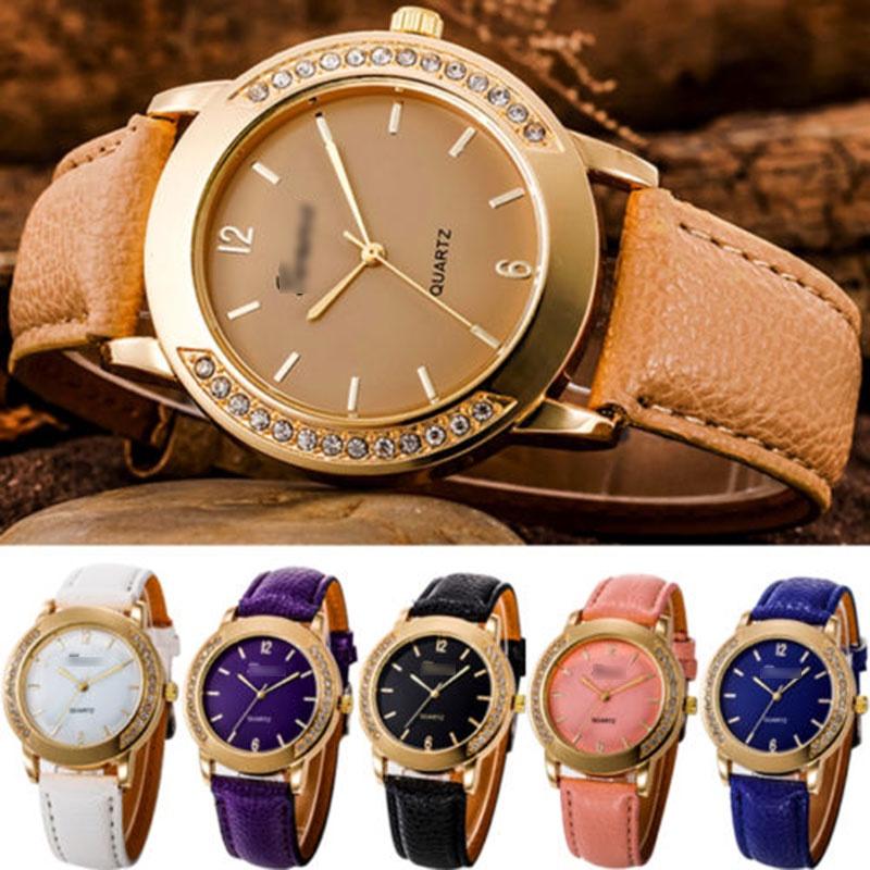 Elegant Fashion Women Crystal Artificial Leather Quartz Analog Luxury Wrist Watches