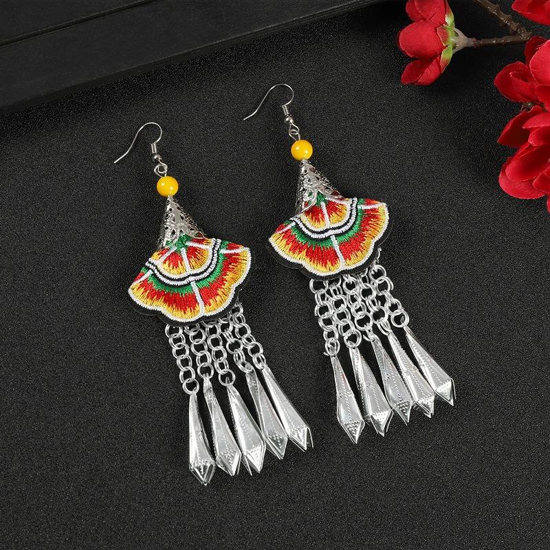 Embroidery fabric flower earrings long Miao silver fringed personalized earrings retro Miao Yunnan earrings women