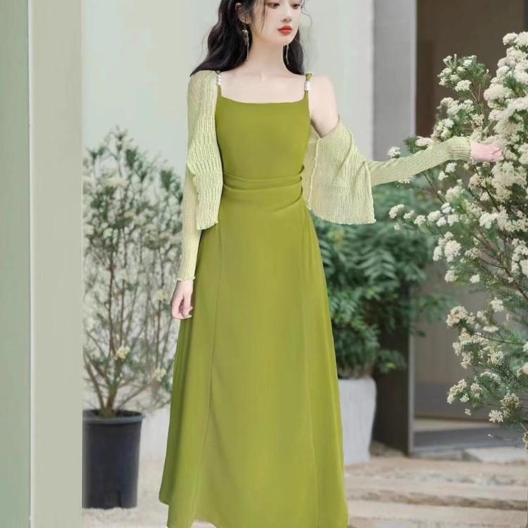 Summer French Avocado Green Suspender Dress Super Fairy Seaside Vacation Beach Long Skirt Chic and Beautiful