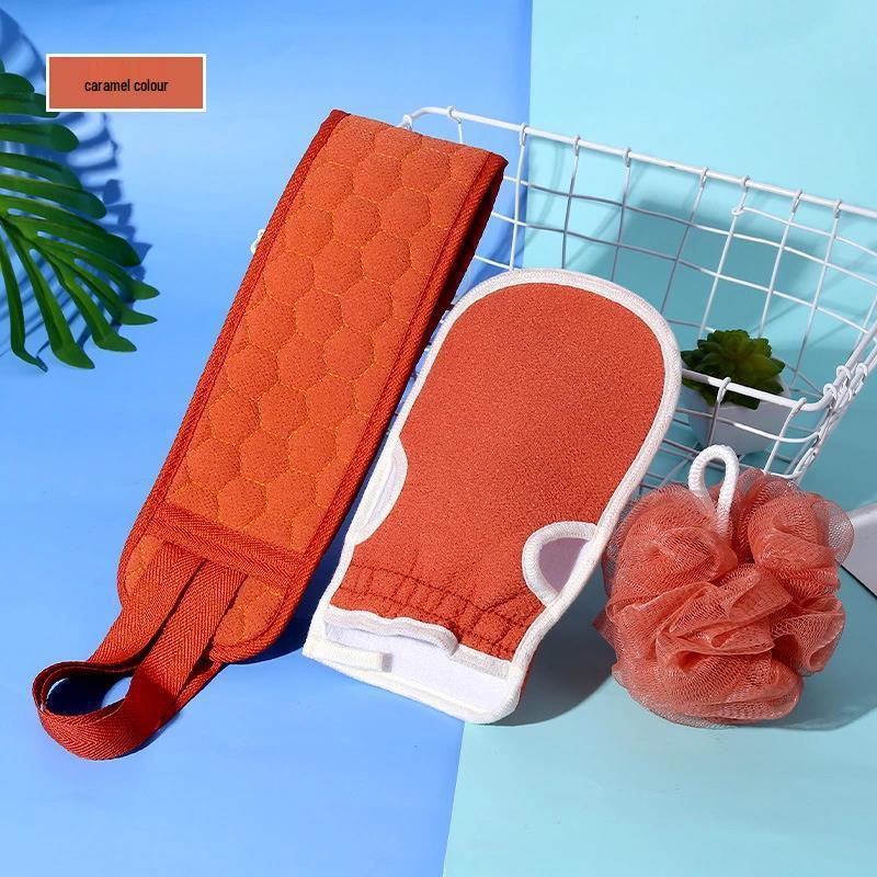 Thickened Bath Towel & Mud Scrubbing Three-Piece Set with Long Back Scrubber & Decontamination Bath Ball