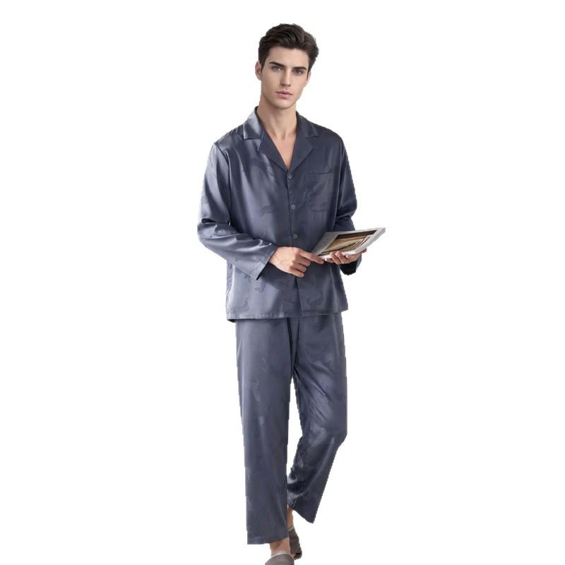 Ice silk pajamas men's spring and summer jacquard horse simulation silk long-sleeved trousers set simple thin loose loungewear