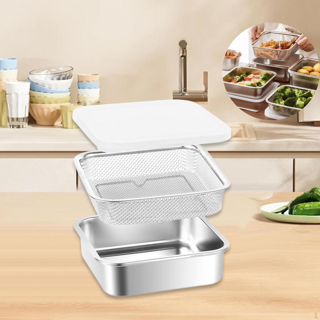 Stainless Steel Food Container with Strainer Colander Set Fridge Organizer Bin for Lettuce