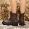Fashion Leather Side Zipper Short Boots for Women Cross Border Round Toe Thick Soled Belt Buckle Rider Leather Boots