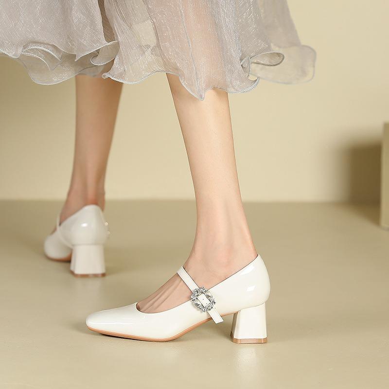 9-One-word bag head thick heel single shoes women's square head rhinestone high heels student dress professional commuter women's shoes