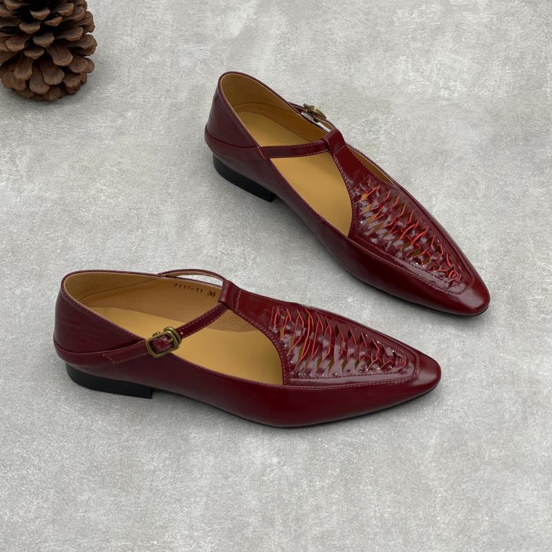

Johnature Temperament Pointed Toe Genuine Leather Woven Low Heel Shoes Versatile Cowhide Women s Shoes 35 вино красного